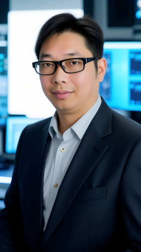 罗博士形象，男性，40岁左右，戴眼镜，穿着深色西装，表情自信专业