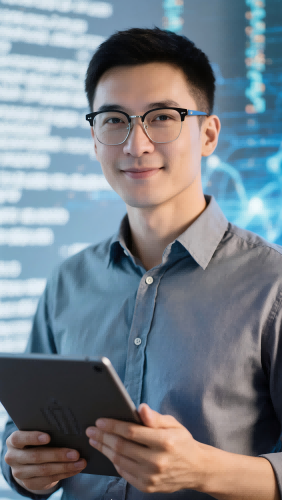 王工程师形象，男性，30岁左右，短发，穿着休闲衬衫，手持平板电脑