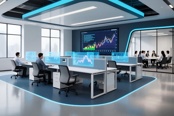 6LAI科技现代化办公环境，科技感十足的开放式工作区，工程师在透明显示屏前工作