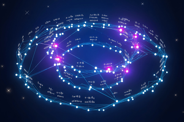 自然语言处理技术展示，文字和符号在3D空间中流动转化，形成语义网络结构