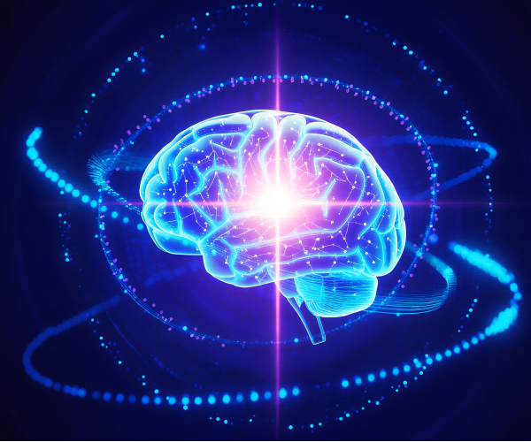 未来感AI科技概念图，展示3D全息投影的人工智能大脑与神经网络连接，蓝紫色光效